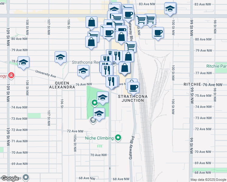 map of restaurants, bars, coffee shops, grocery stores, and more near 10346 University Avenue in Edmonton