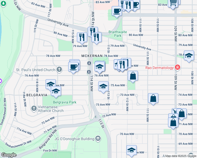 map of restaurants, bars, coffee shops, grocery stores, and more near 11331 76 Avenue Northwest in Edmonton