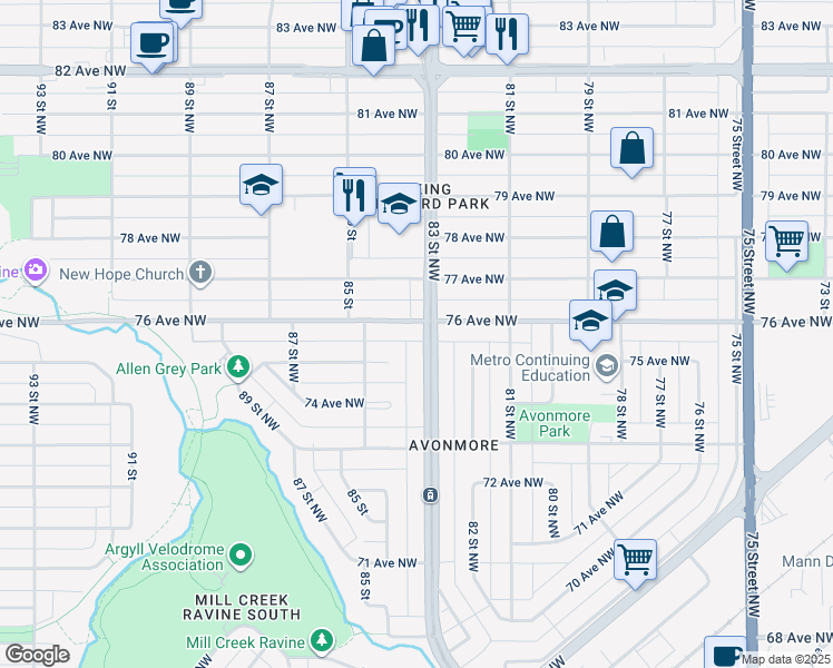 map of restaurants, bars, coffee shops, grocery stores, and more near 7608 83 Street Northwest in Edmonton