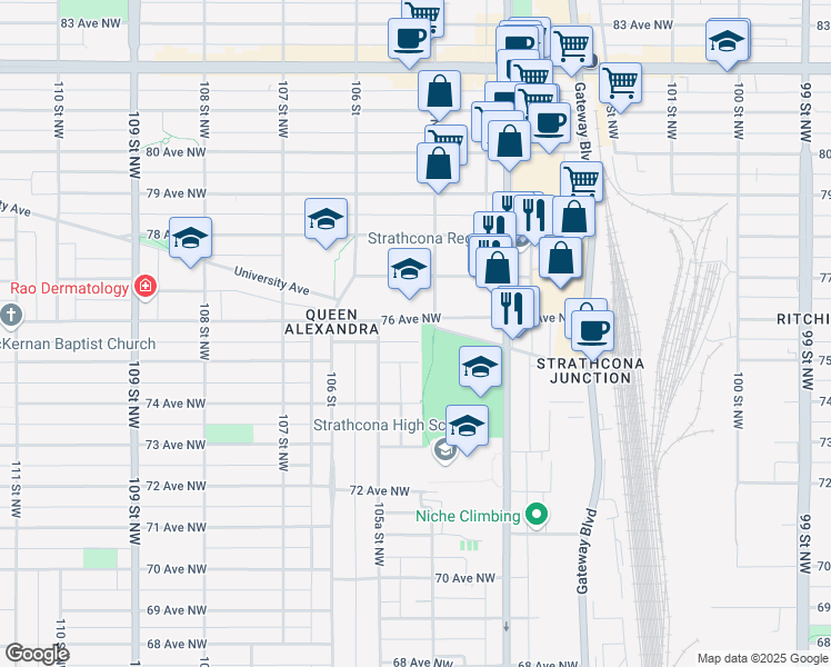 map of restaurants, bars, coffee shops, grocery stores, and more near 10466 76 Avenue Northwest in Edmonton