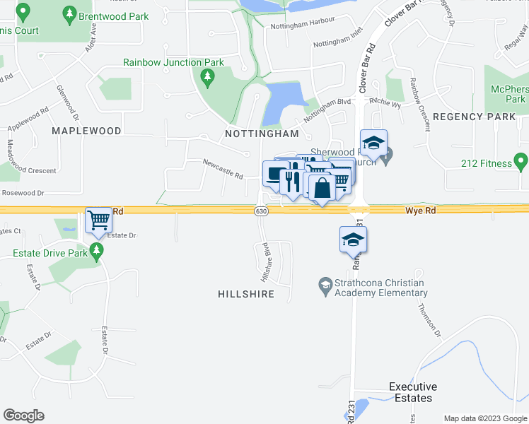 map of restaurants, bars, coffee shops, grocery stores, and more near 23119 Wye Road in Sherwood Park