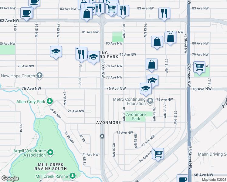 map of restaurants, bars, coffee shops, grocery stores, and more near 8123 76 Avenue Northwest in Edmonton