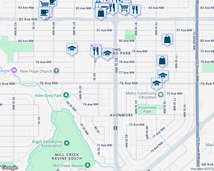 map of restaurants, bars, coffee shops, grocery stores, and more near 8336 76 Avenue Northwest in Edmonton