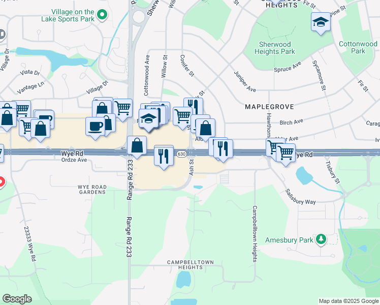 map of restaurants, bars, coffee shops, grocery stores, and more near Ash Street in Sherwood Park