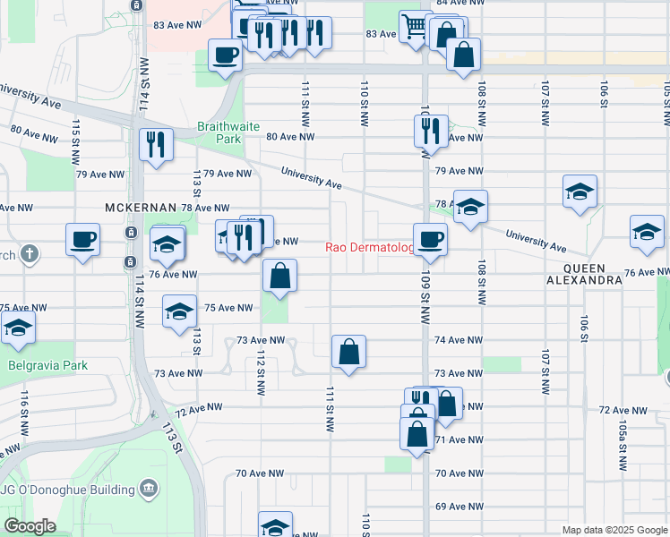 map of restaurants, bars, coffee shops, grocery stores, and more near 7603 111 Street Northwest in Edmonton