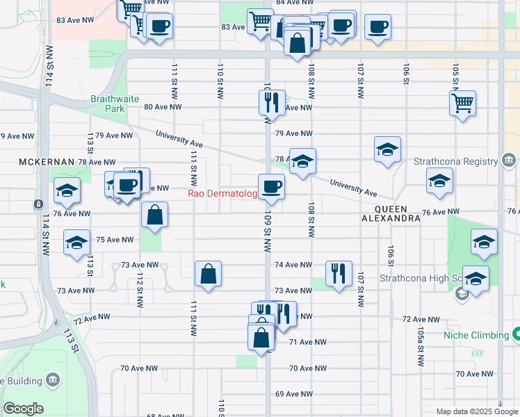 map of restaurants, bars, coffee shops, grocery stores, and more near 10906 76 Avenue Northwest in Edmonton