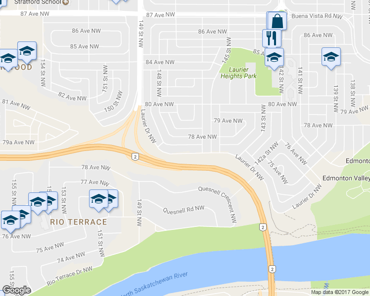 map of restaurants, bars, coffee shops, grocery stores, and more near 142 Laurier Drive Northwest in Edmonton