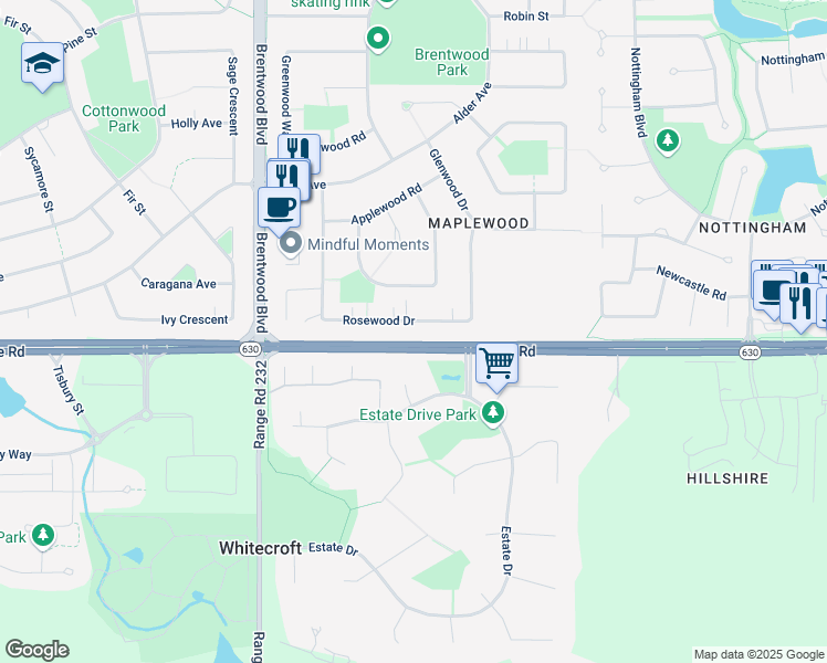 map of restaurants, bars, coffee shops, grocery stores, and more near 56 Rosewood Drive in Sherwood Park
