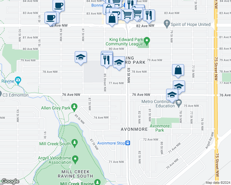 map of restaurants, bars, coffee shops, grocery stores, and more near 8336 76 Avenue Northwest in Edmonton