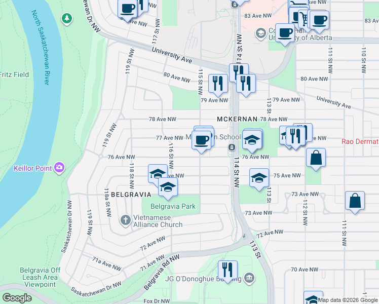 map of restaurants, bars, coffee shops, grocery stores, and more near in Edmonton