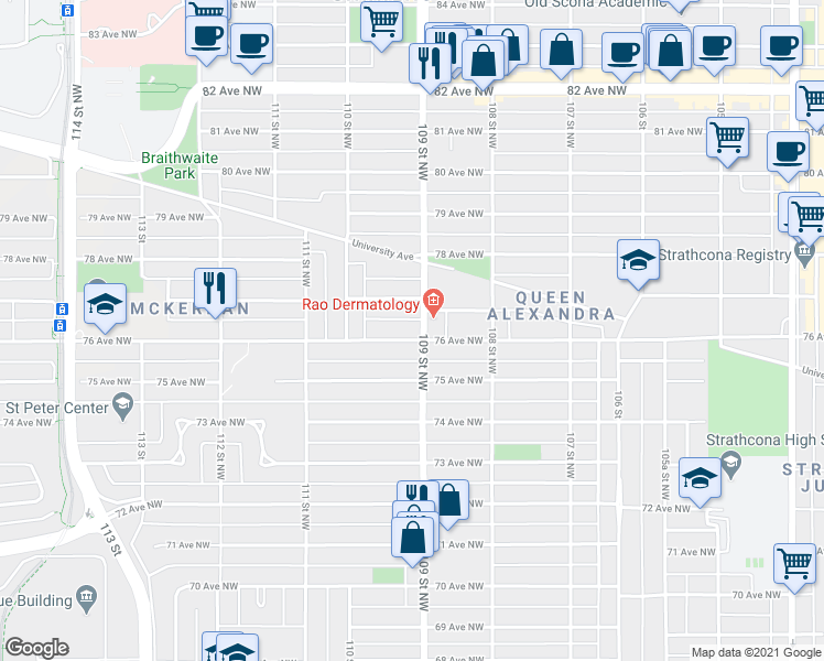 map of restaurants, bars, coffee shops, grocery stores, and more near 10906 76 Avenue Northwest in Edmonton