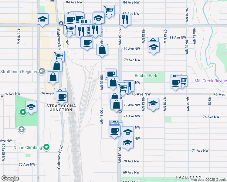 map of restaurants, bars, coffee shops, grocery stores, and more near 9918 76 Avenue Northwest in Edmonton