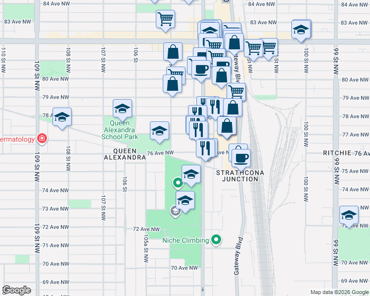map of restaurants, bars, coffee shops, grocery stores, and more near 10432 76 Avenue Northwest in Edmonton