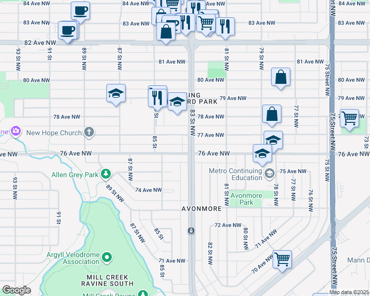 map of restaurants, bars, coffee shops, grocery stores, and more near 7608 83 Street Northwest in Edmonton
