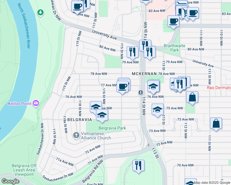 map of restaurants, bars, coffee shops, grocery stores, and more near in Edmonton
