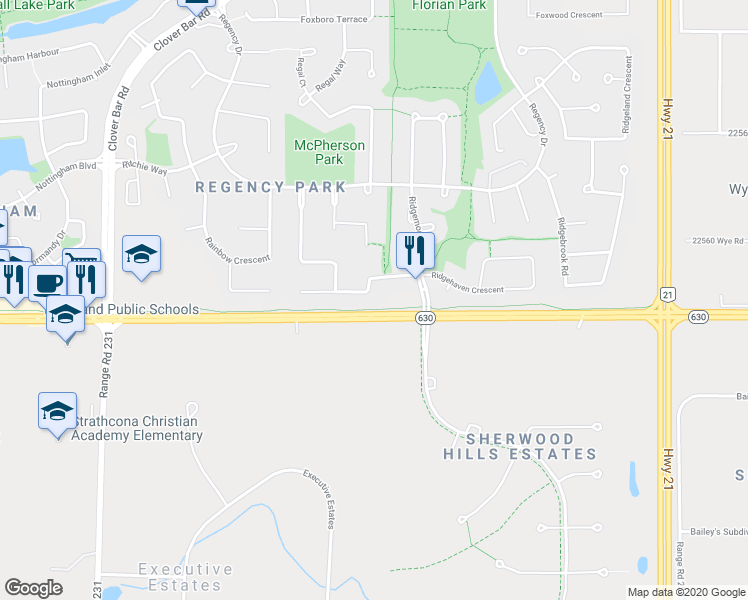 map of restaurants, bars, coffee shops, grocery stores, and more near 112 Ridgepoint Way in Sherwood Park