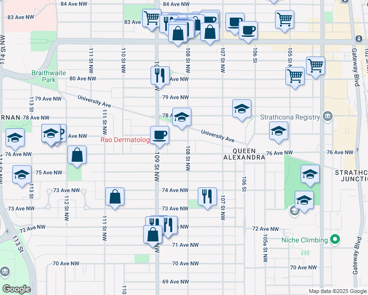 map of restaurants, bars, coffee shops, grocery stores, and more near 10804 76 Avenue Northwest in Edmonton