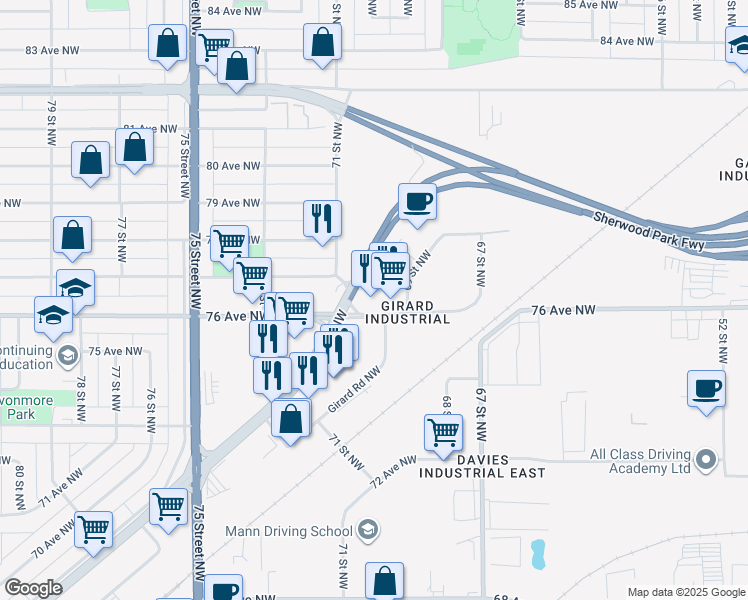 map of restaurants, bars, coffee shops, grocery stores, and more near 6958 76 Avenue Northwest in Edmonton