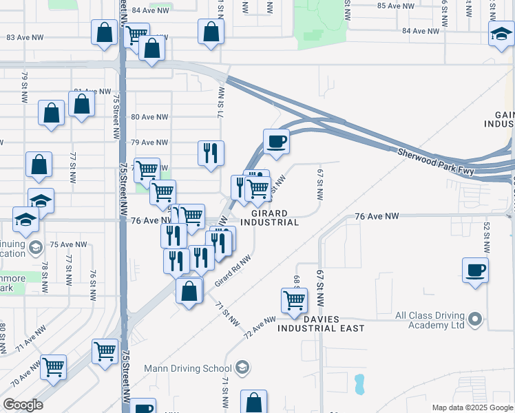 map of restaurants, bars, coffee shops, grocery stores, and more near 6914 76 Avenue Northwest in Edmonton
