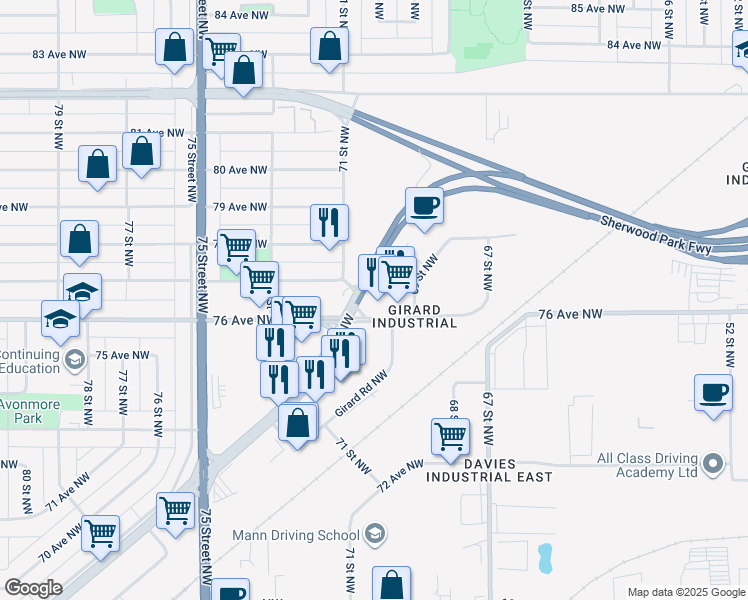 map of restaurants, bars, coffee shops, grocery stores, and more near 6958 76 Avenue Northwest in Edmonton