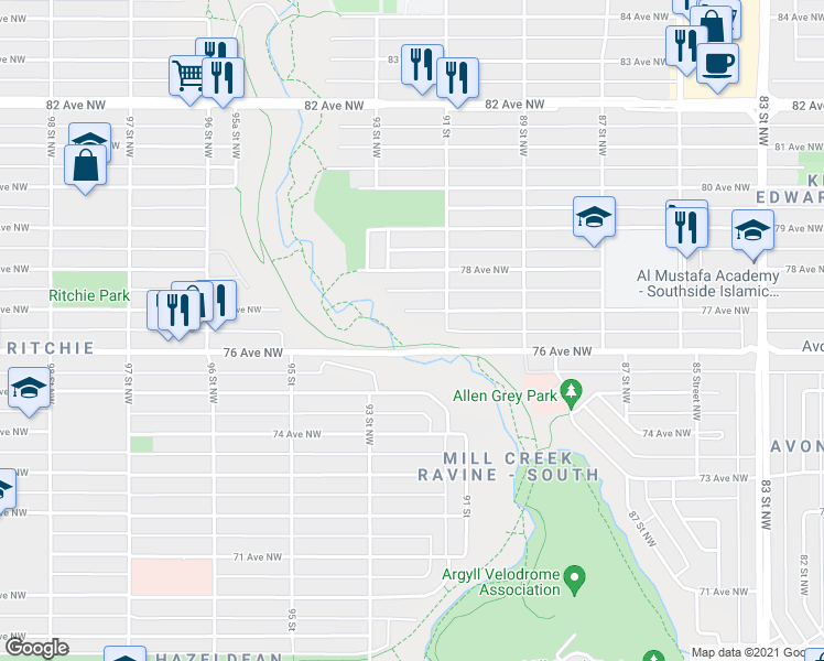 map of restaurants, bars, coffee shops, grocery stores, and more near 9127 77 Avenue Northwest in Edmonton