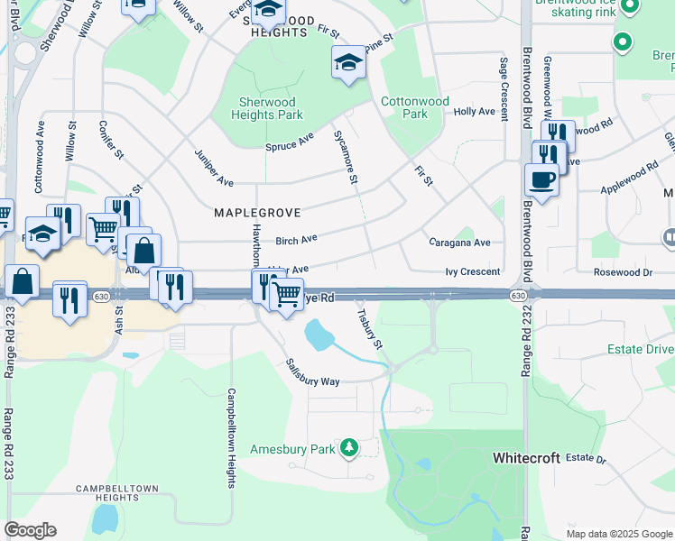 map of restaurants, bars, coffee shops, grocery stores, and more near 1000 Alder Av in Sherwood Park