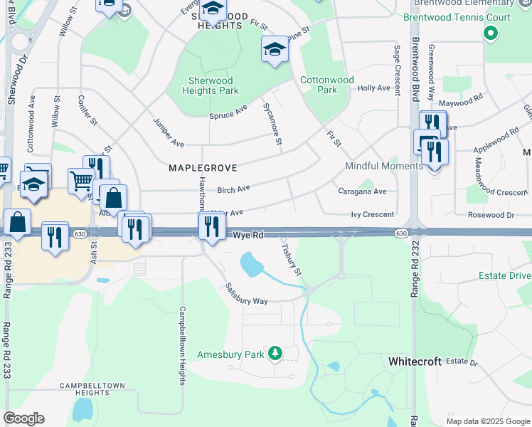 map of restaurants, bars, coffee shops, grocery stores, and more near 1000 Alder Av in Sherwood Park