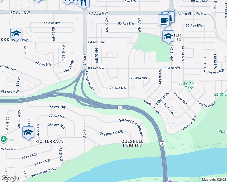 map of restaurants, bars, coffee shops, grocery stores, and more near 142 Laurier Drive Northwest in Edmonton