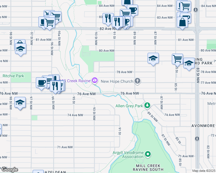 map of restaurants, bars, coffee shops, grocery stores, and more near 9127 77 Avenue Northwest in Edmonton