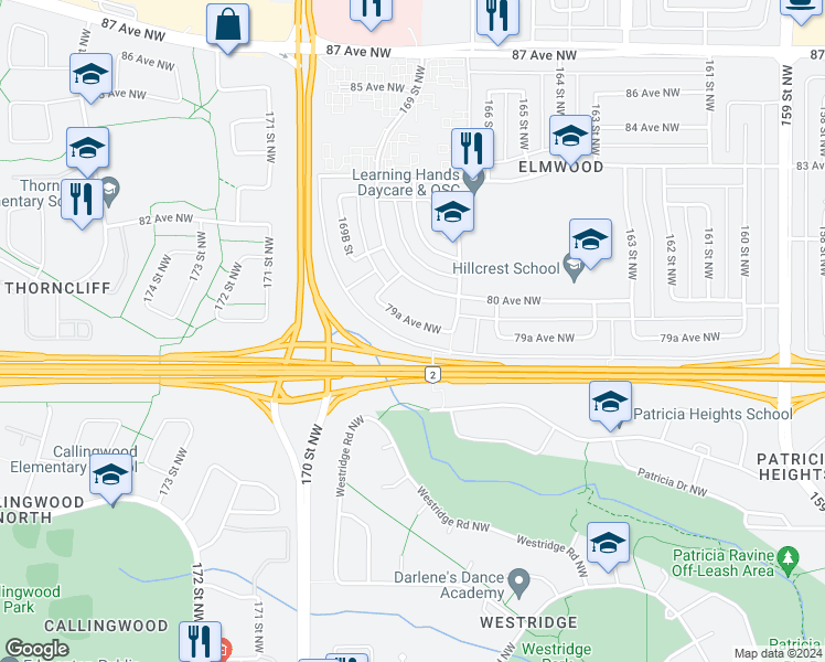 map of restaurants, bars, coffee shops, grocery stores, and more near 16739 79A Avenue Northwest in Edmonton