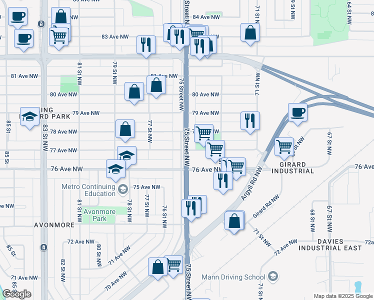 map of restaurants, bars, coffee shops, grocery stores, and more near 75 Street NW & 77 Ave NW in Edmonton