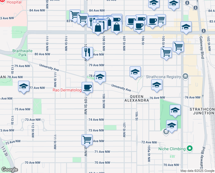 map of restaurants, bars, coffee shops, grocery stores, and more near 10751 University Avenue Northwest in Edmonton