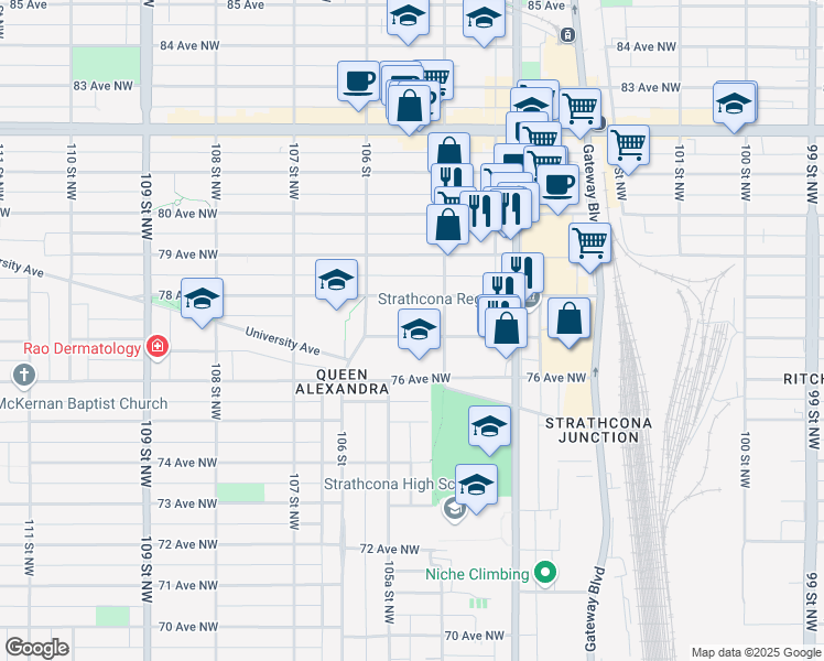 map of restaurants, bars, coffee shops, grocery stores, and more near 10524 77 Avenue Northwest in Edmonton