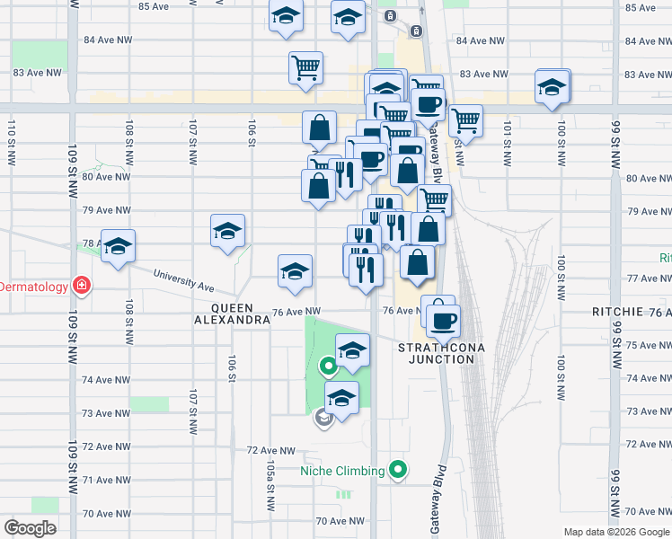 map of restaurants, bars, coffee shops, grocery stores, and more near in Edmonton