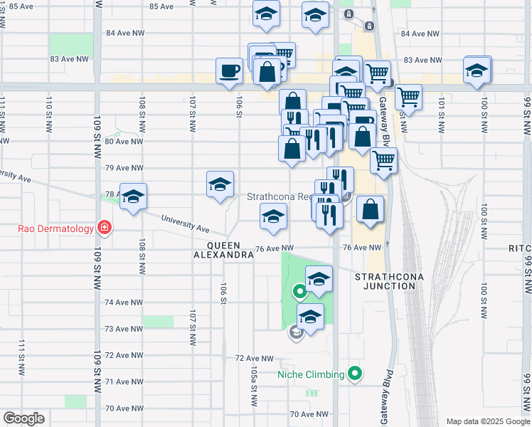 map of restaurants, bars, coffee shops, grocery stores, and more near 10524 77 Avenue Northwest in Edmonton