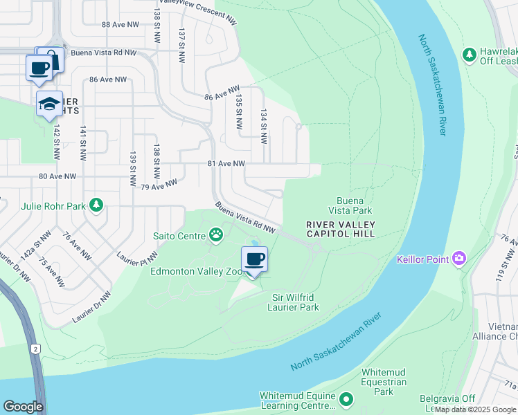 map of restaurants, bars, coffee shops, grocery stores, and more near 13408 Buena Vista Road Northwest in Edmonton