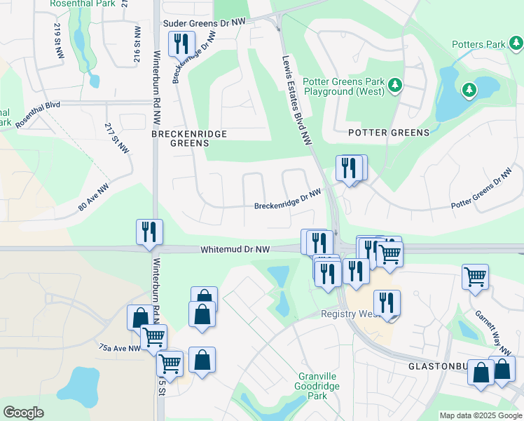 map of restaurants, bars, coffee shops, grocery stores, and more near 1031 Breckenridge Drive Northwest in Edmonton