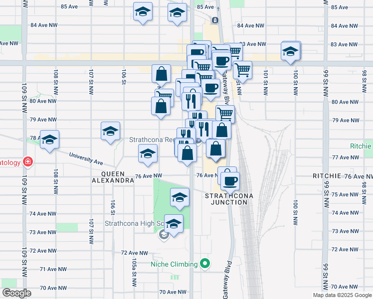 map of restaurants, bars, coffee shops, grocery stores, and more near in Edmonton