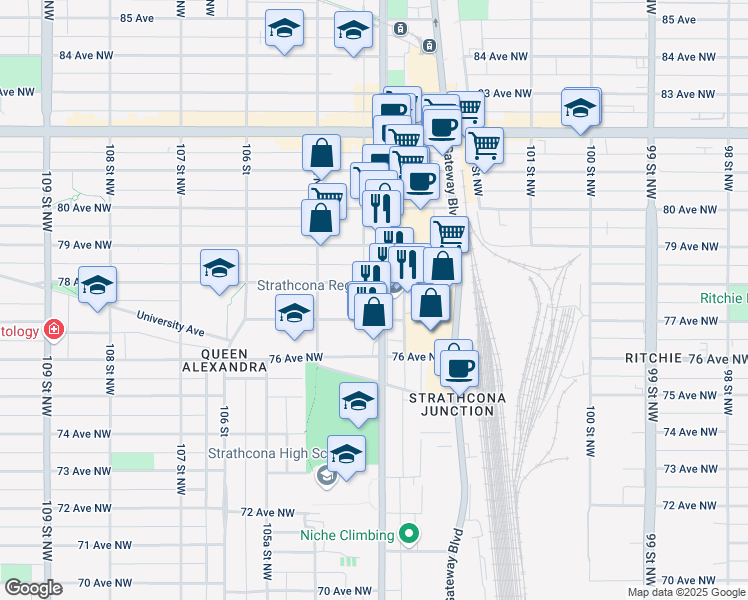 map of restaurants, bars, coffee shops, grocery stores, and more near in Edmonton