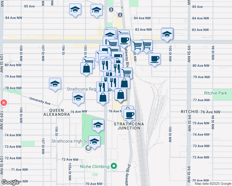 map of restaurants, bars, coffee shops, grocery stores, and more near 10345 78 Avenue Northwest in Edmonton