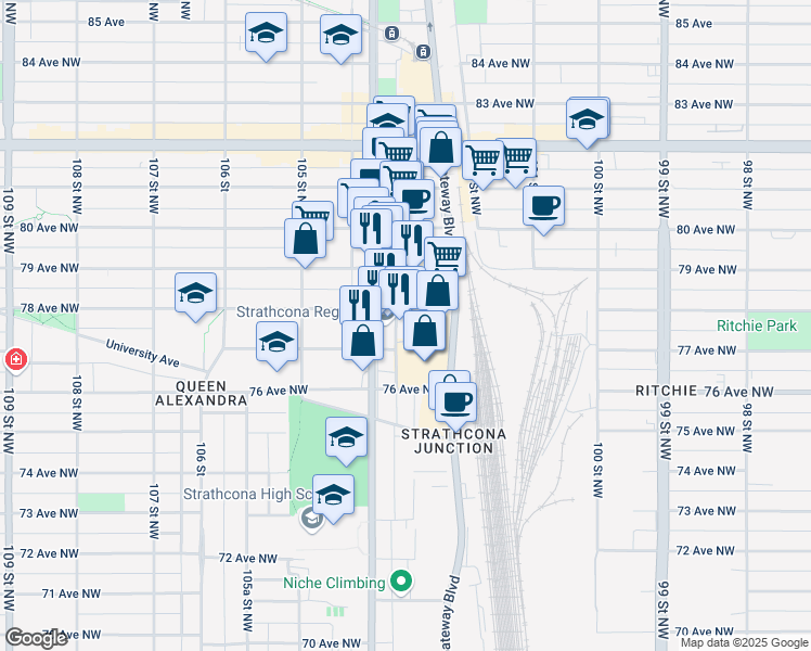 map of restaurants, bars, coffee shops, grocery stores, and more near 10345 78 Avenue Northwest in Edmonton