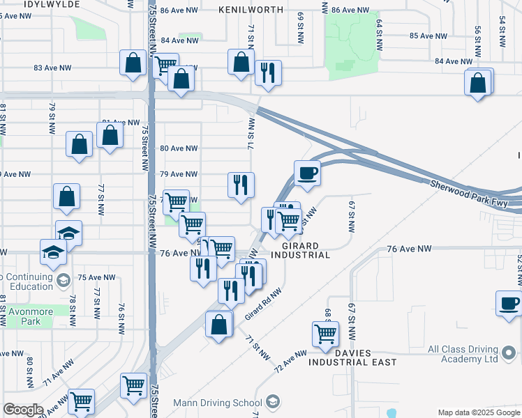 map of restaurants, bars, coffee shops, grocery stores, and more near 7711 71 Street Northwest in Edmonton