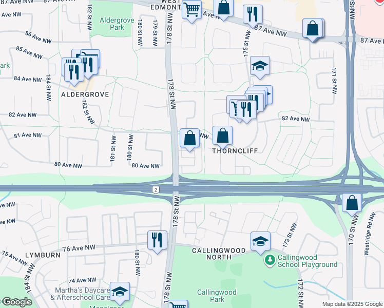 map of restaurants, bars, coffee shops, grocery stores, and more near 17787 81 Avenue Northwest in Edmonton
