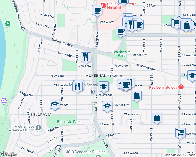 map of restaurants, bars, coffee shops, grocery stores, and more near 11341 78 Avenue Northwest in Edmonton