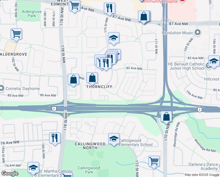 map of restaurants, bars, coffee shops, grocery stores, and more near 513 Springfield Plaza Northwest in Edmonton