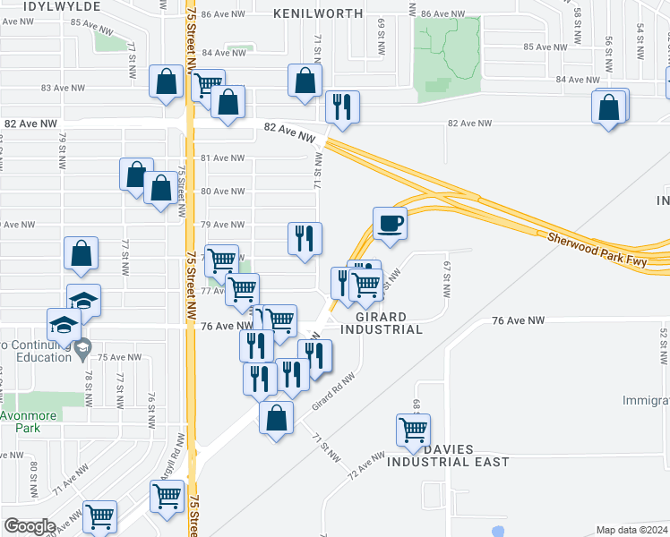 map of restaurants, bars, coffee shops, grocery stores, and more near 7711 71 Street Northwest in Edmonton