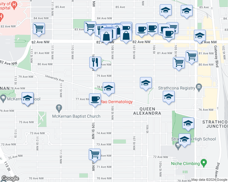 map of restaurants, bars, coffee shops, grocery stores, and more near 7725 108 Street Northwest in Edmonton