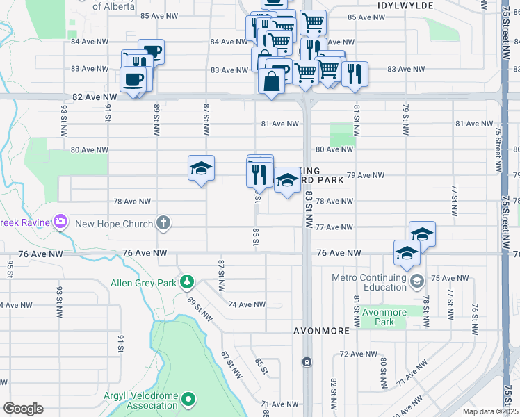 map of restaurants, bars, coffee shops, grocery stores, and more near 7709 85 Street Northwest in Edmonton