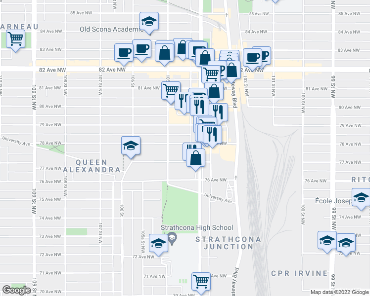 map of restaurants, bars, coffee shops, grocery stores, and more near in Edmonton