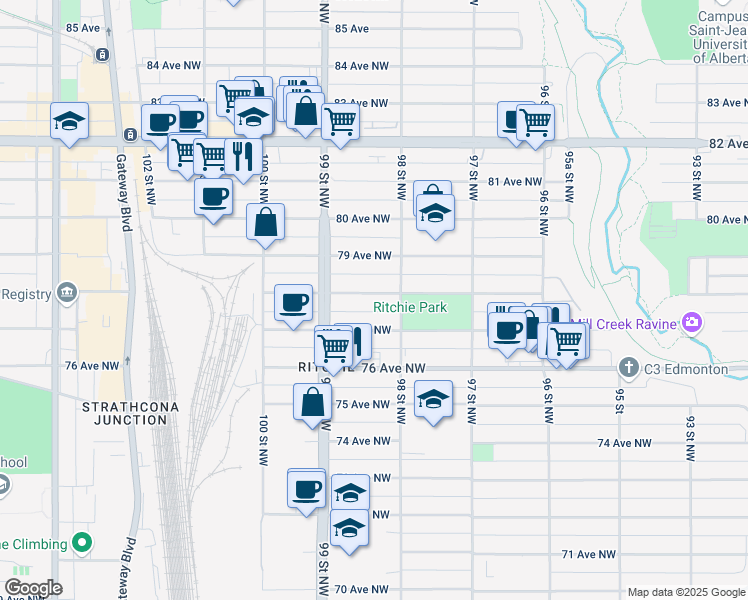 map of restaurants, bars, coffee shops, grocery stores, and more near 9821 78 Avenue Northwest in Edmonton